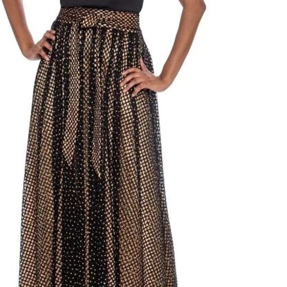 Raquel Black Net Overlay Gold Liner Crystals Tie Belt Maxi Skirt - size 1XL NWT - Picture 3 of 14